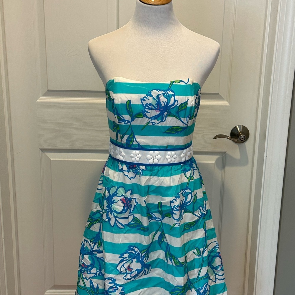 Lilly Pulitzer Langley Strapless Dress Shorely Blue Tossing the Line Preppy Sz 8